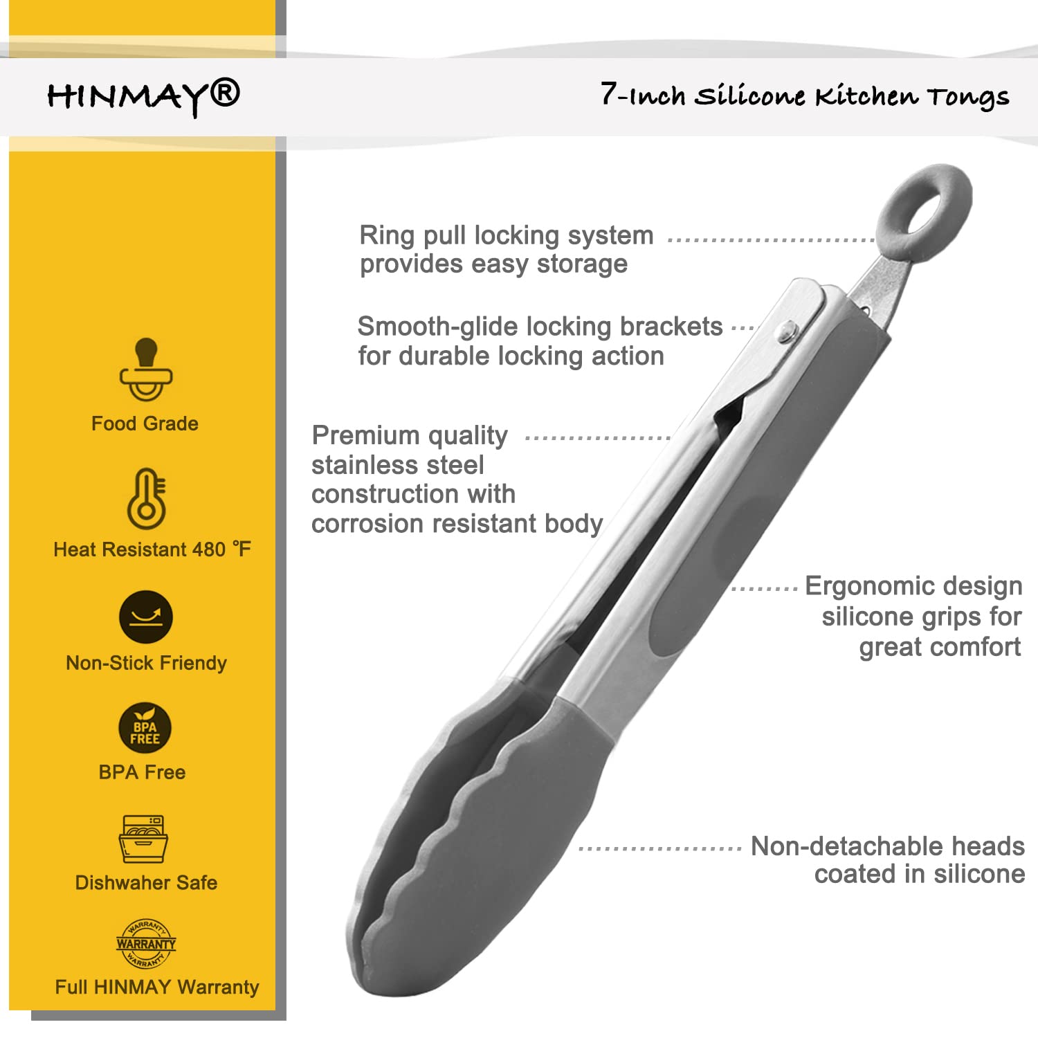 Hinmay Small Serving Tongs With Silicone Tips 7 Inch Mini Stainless Steel Food Tongs, Set Of 3 (Gray)